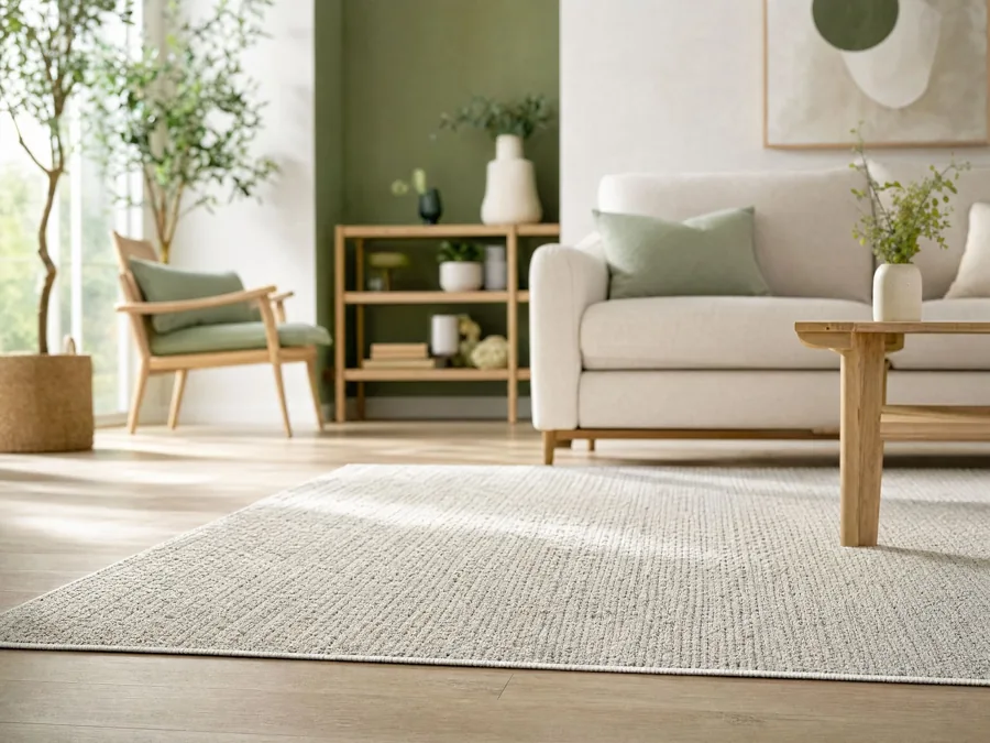 Salon avec tapis clair et canapé